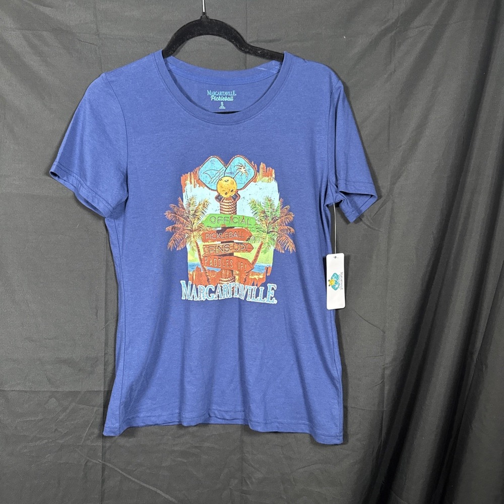 Margaritaville Pickleball‎ T-shirt Womans Sz S  Blue Graphic Fins Up Paddles Up